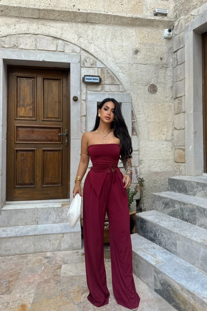 Bordo Eva Yan Büzgülü Straplez Takım