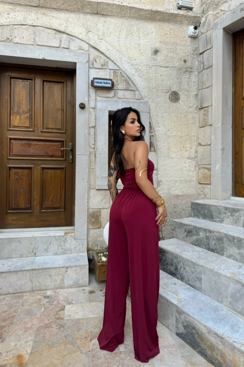Bordo Eva Yan Büzgülü Straplez Takım
