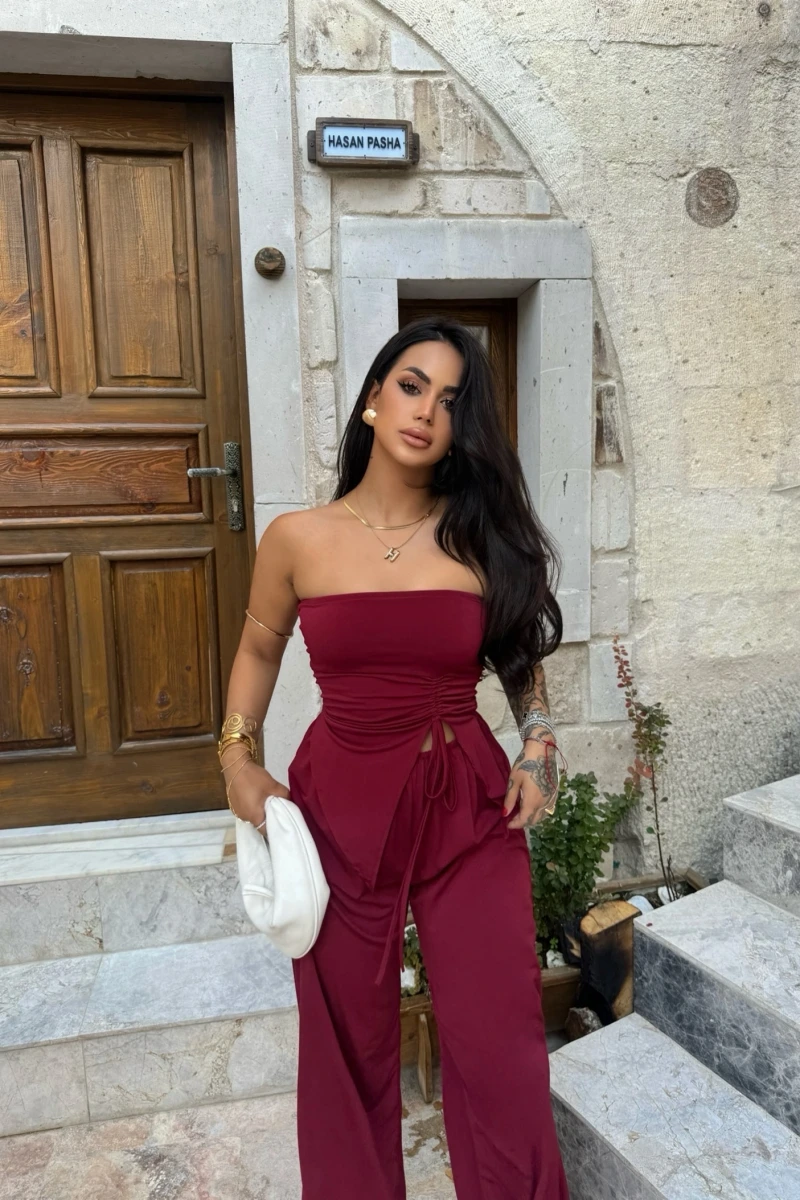 Bordo Eva Yan Büzgülü Straplez Takım