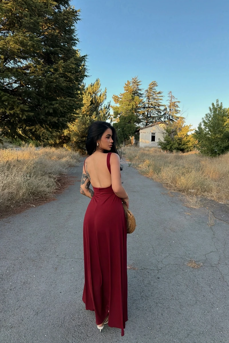 Bordo Kare Yaka Maxi Elbise