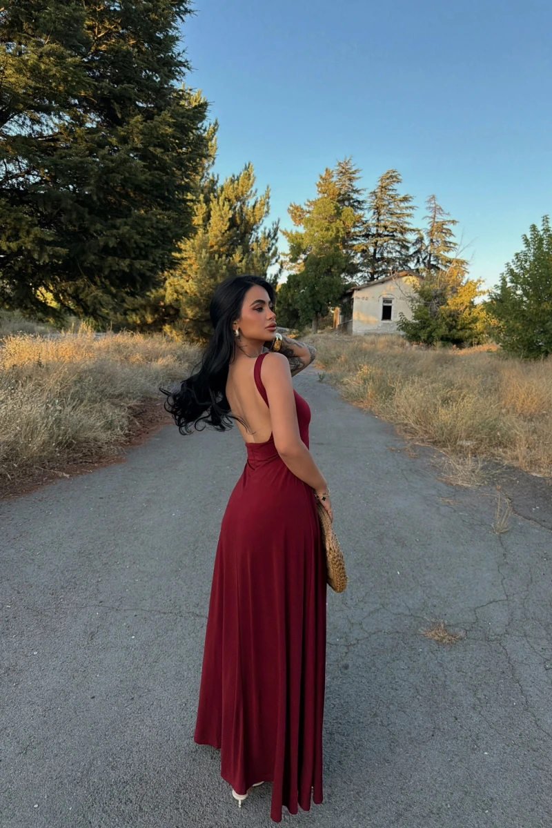 Bordo Kare Yaka Maxi Elbise
