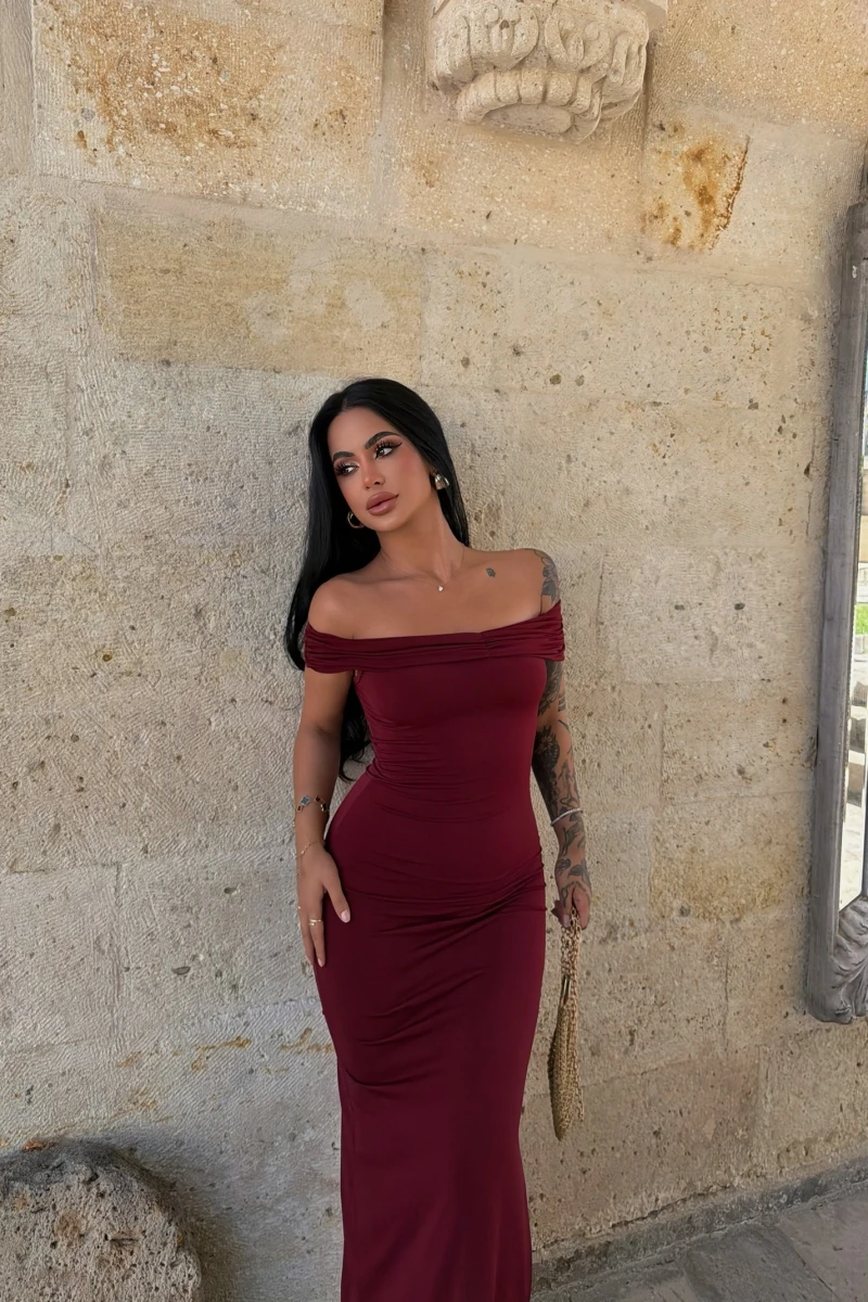 Bordo Kayık Yaka Maxi Elbise