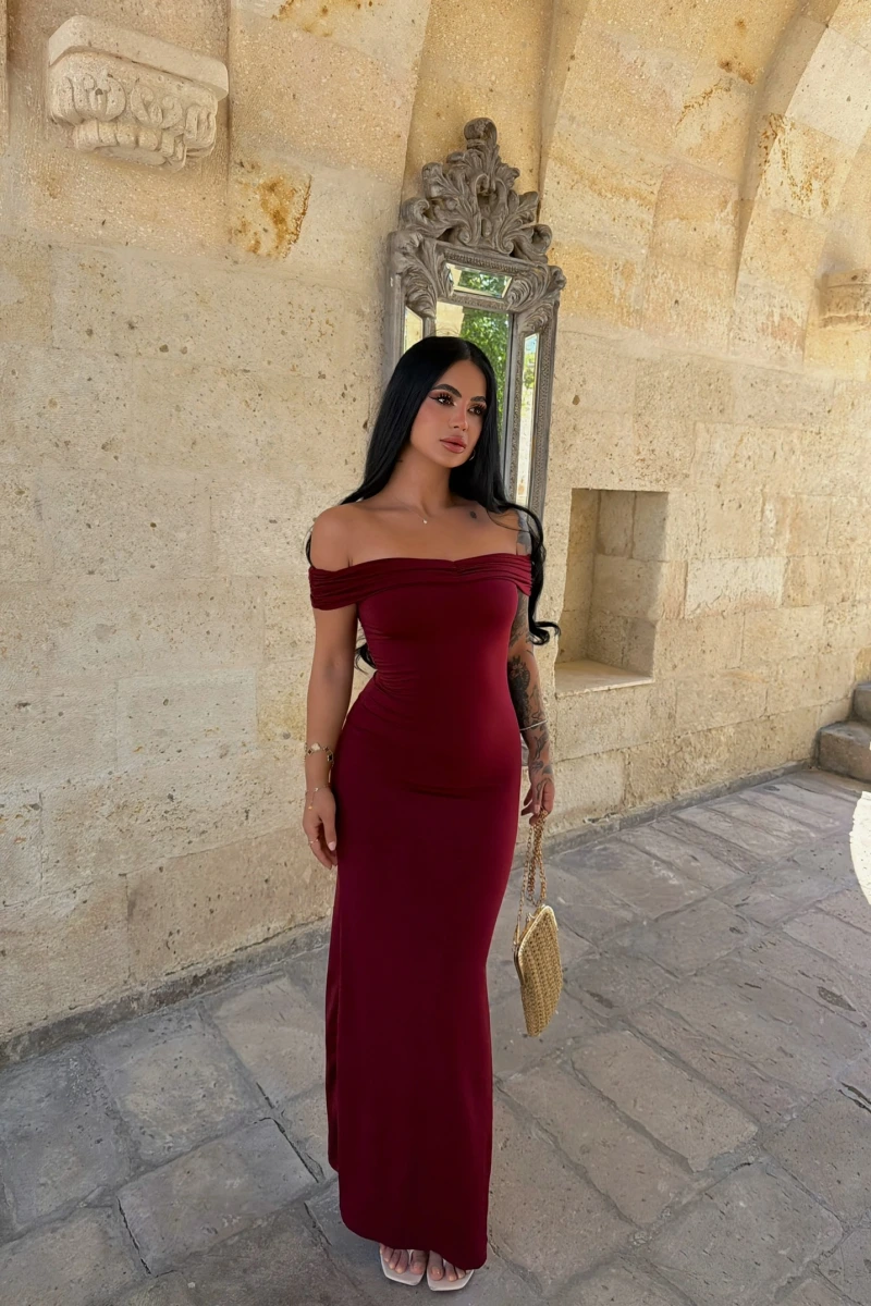 Bordo Kayık Yaka Maxi Elbise