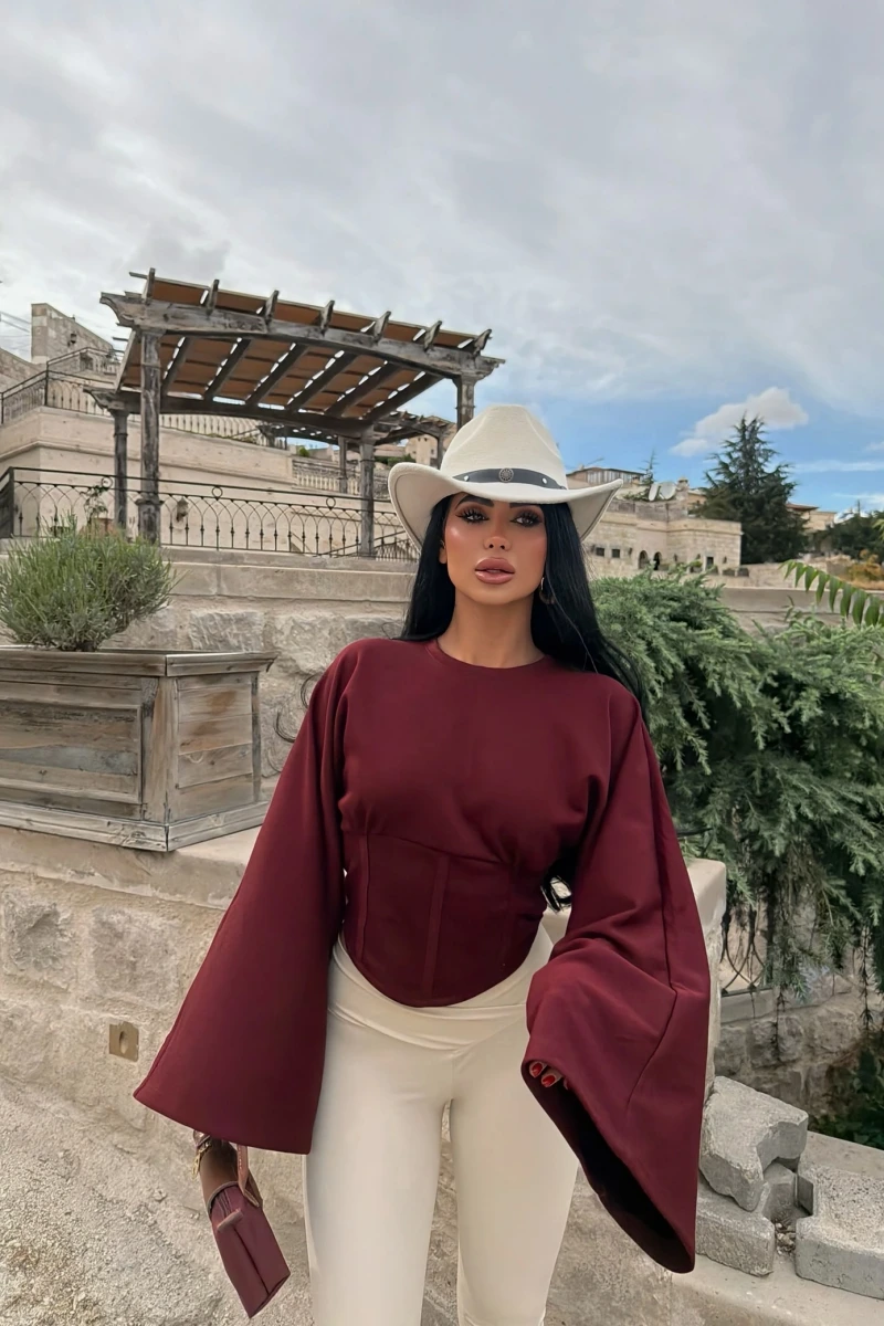 Bordo Kolları Volanlı Korse Sweat