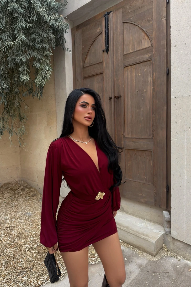 Bordo Kruvaze Tokalı Elbise