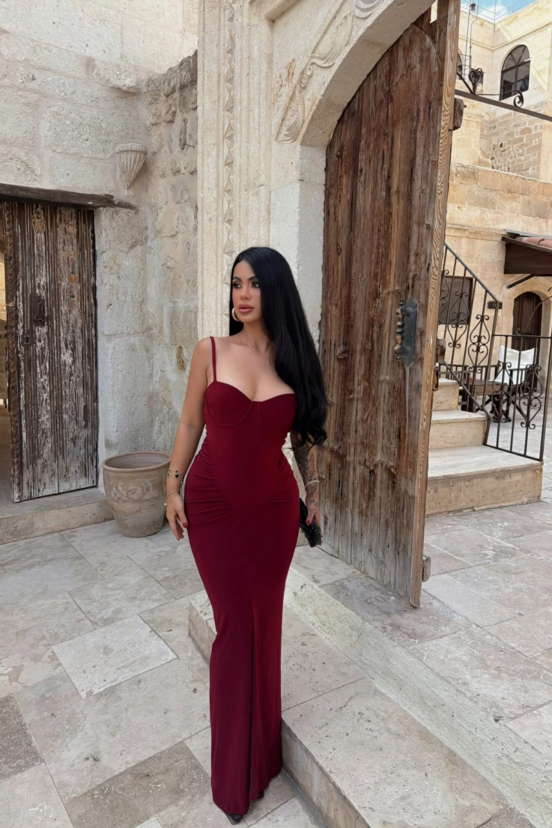 Bordo Mermaid Göğüs Gloplu Elbise