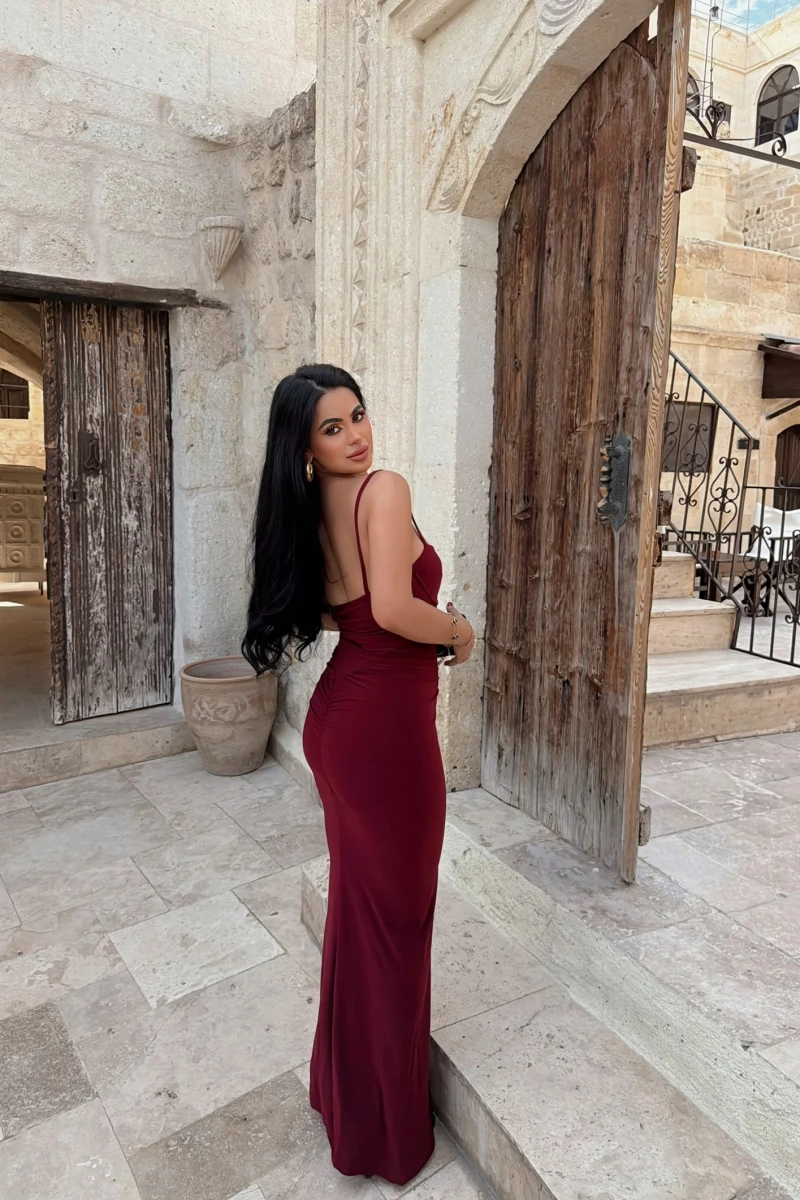 Bordo Mermaid Göğüs Gloplu Elbise