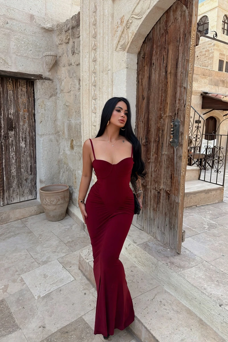 Bordo Mermaid Göğüs Gloplu Elbise