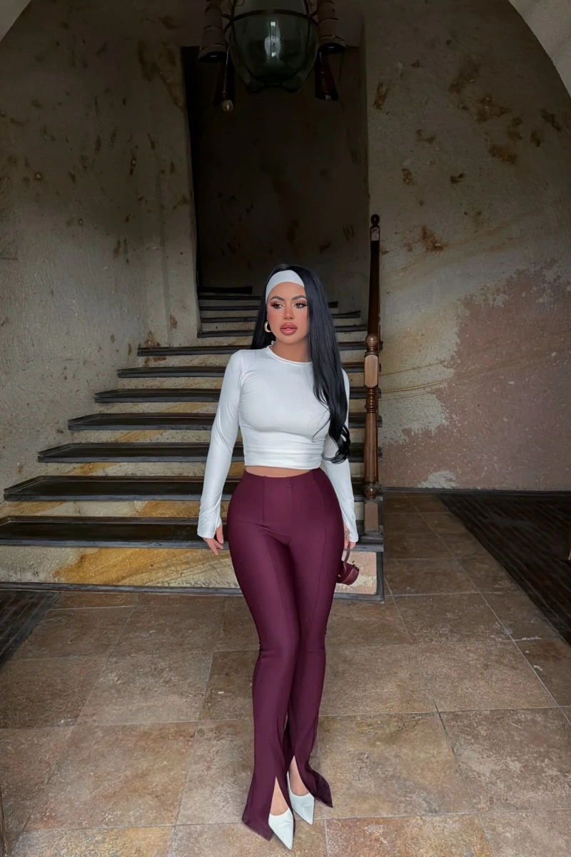 Bordo Ön Yırtmaçlı Fitilli Pantolon