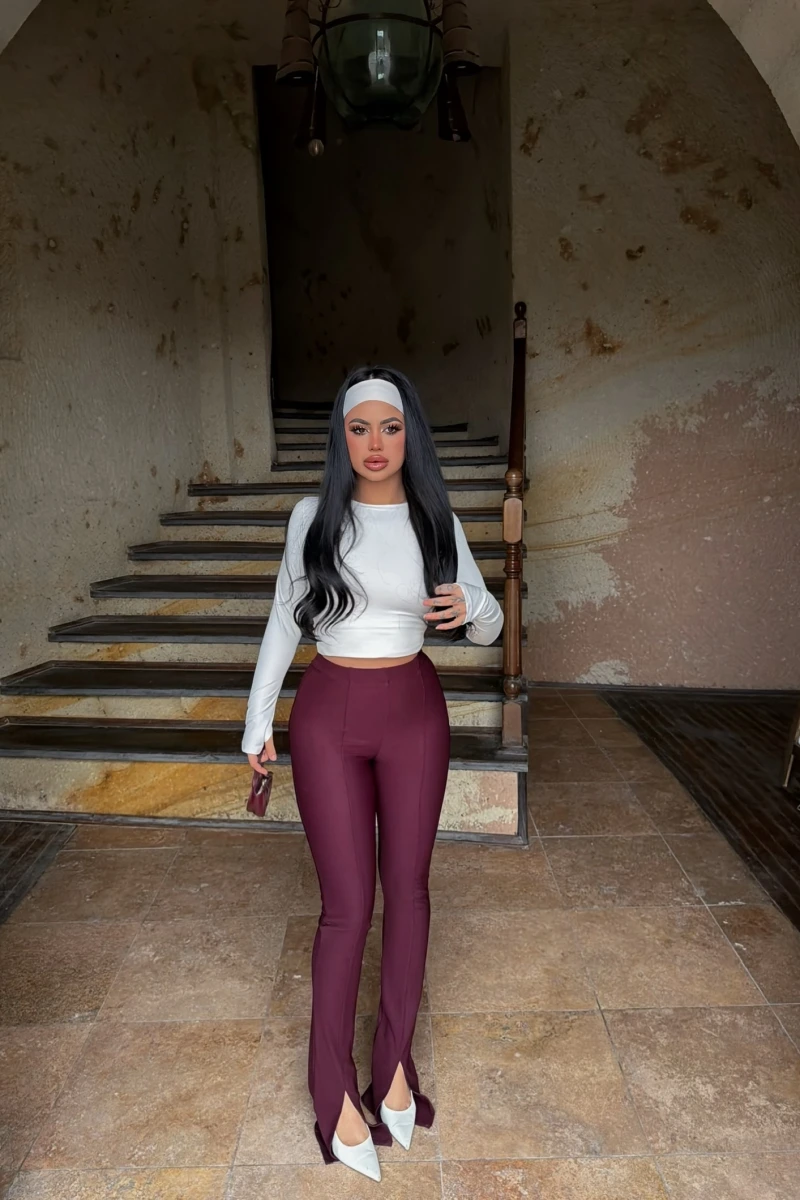 Bordo Ön Yırtmaçlı Fitilli Pantolon