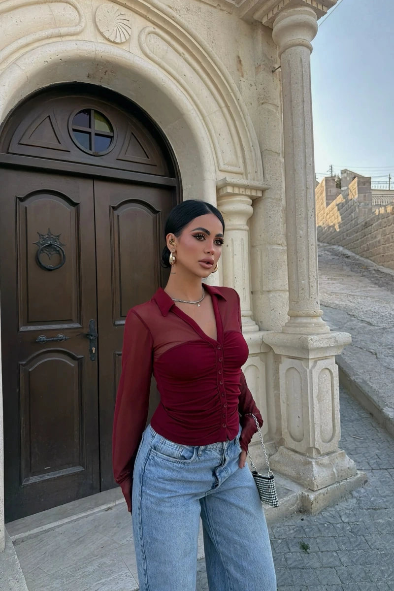 Bordo Polo Yaka Crop Gömlek