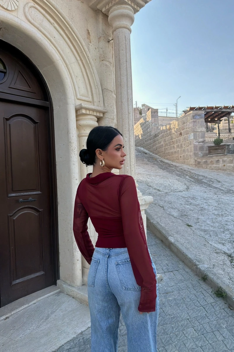 Bordo Polo Yaka Crop Gömlek