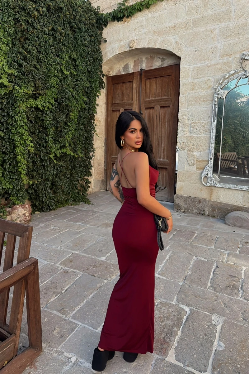 Bordo Sırt Çapraz Degaje Elbise