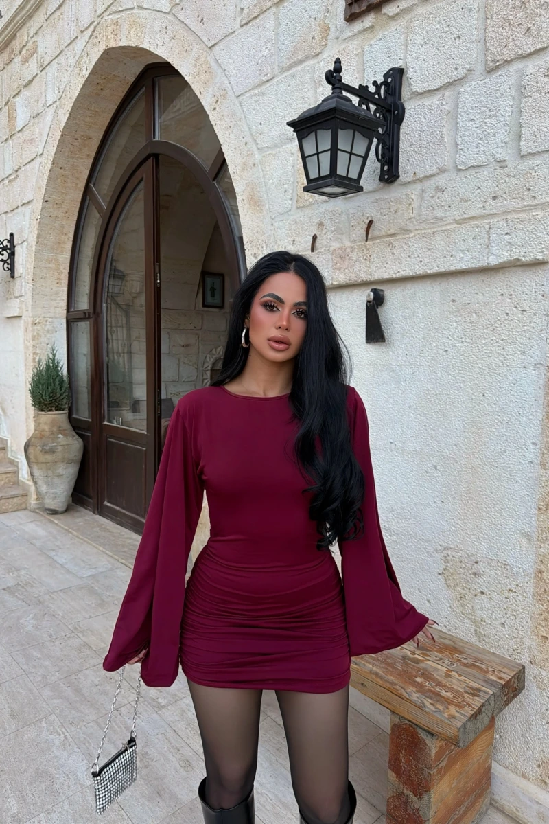 Bordo Sırt Dekolte Drapeli Mini Elbise
