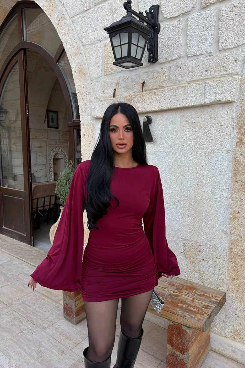 Bordo Sırt Dekolte Drapeli Mini Elbise
