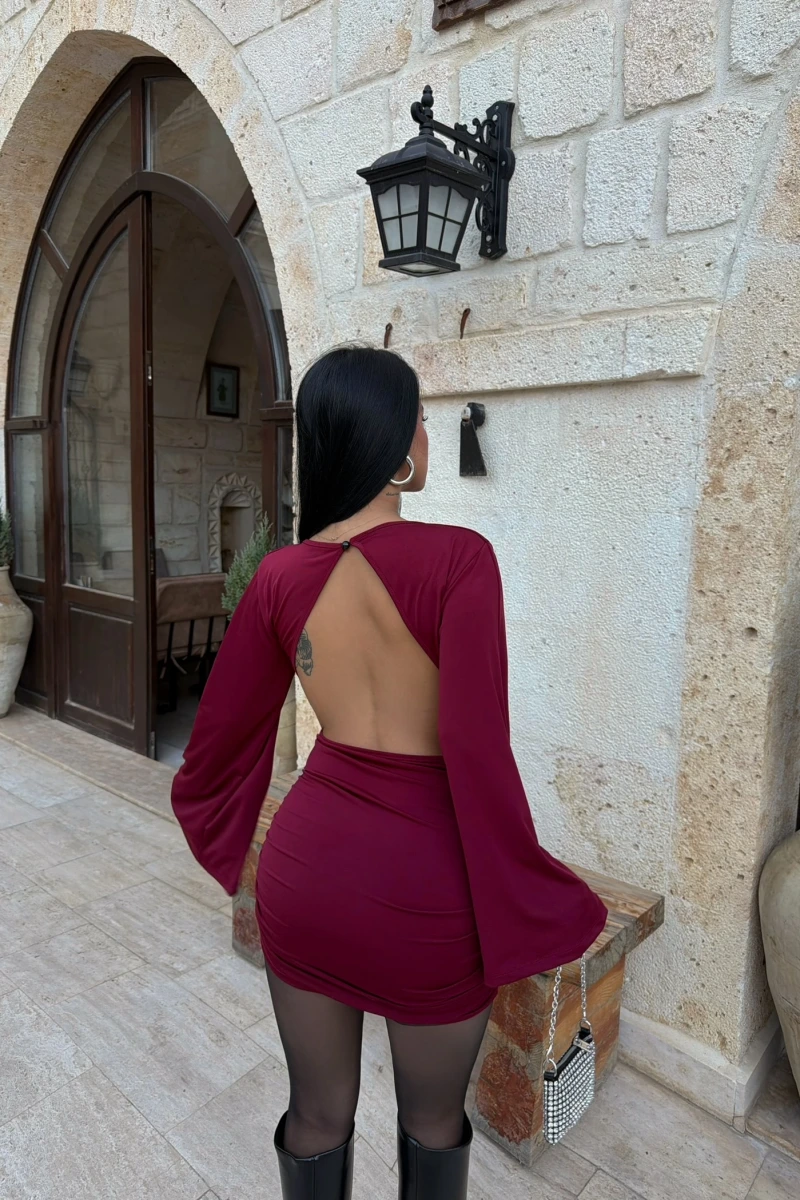 Bordo Sırt Dekolte Drapeli Mini Elbise