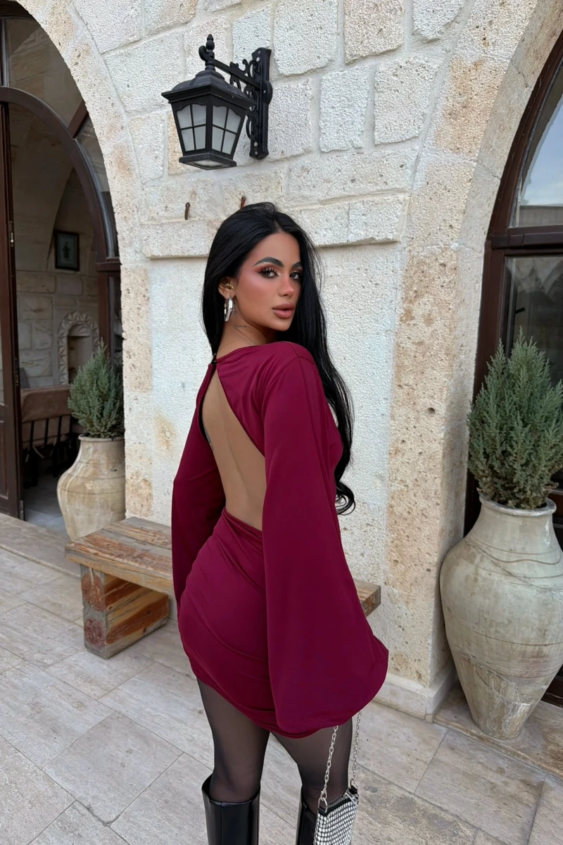 Bordo Sırt Dekolte Drapeli Mini Elbise