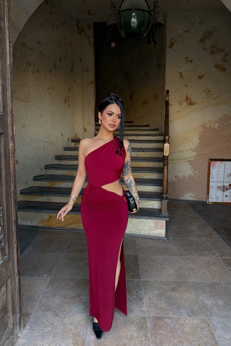 Bordo Yan Pencereli Sandy Elbise