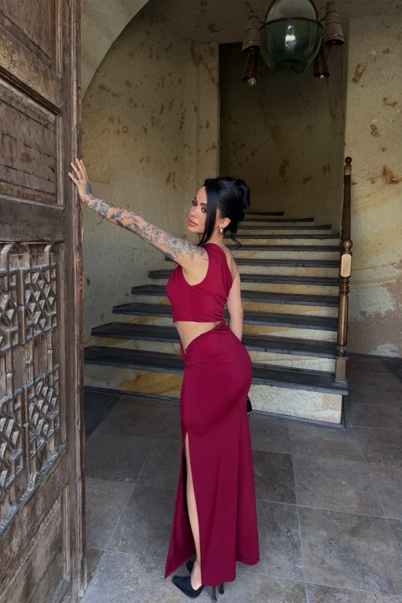 Bordo Yan Pencereli Sandy Elbise