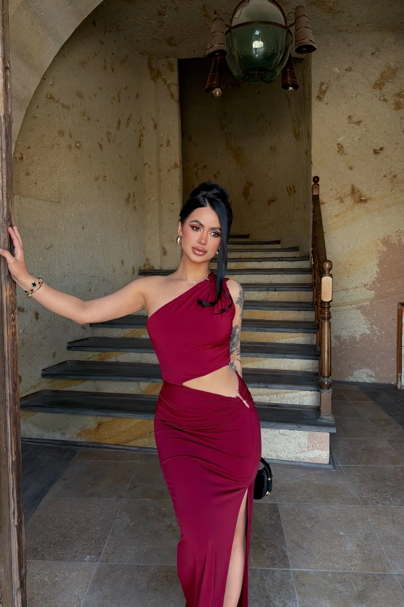 Bordo Yan Pencereli Sandy Elbise