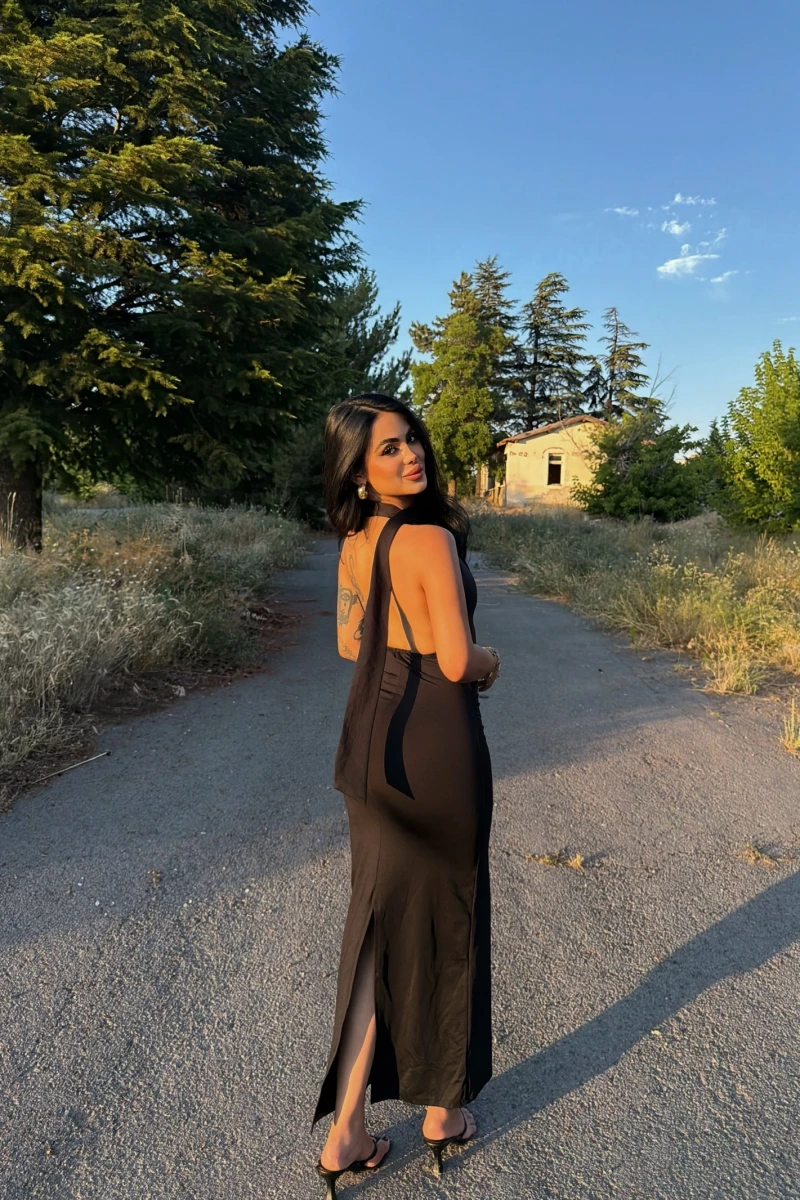 Boyun Fularlı Maxi Elbise