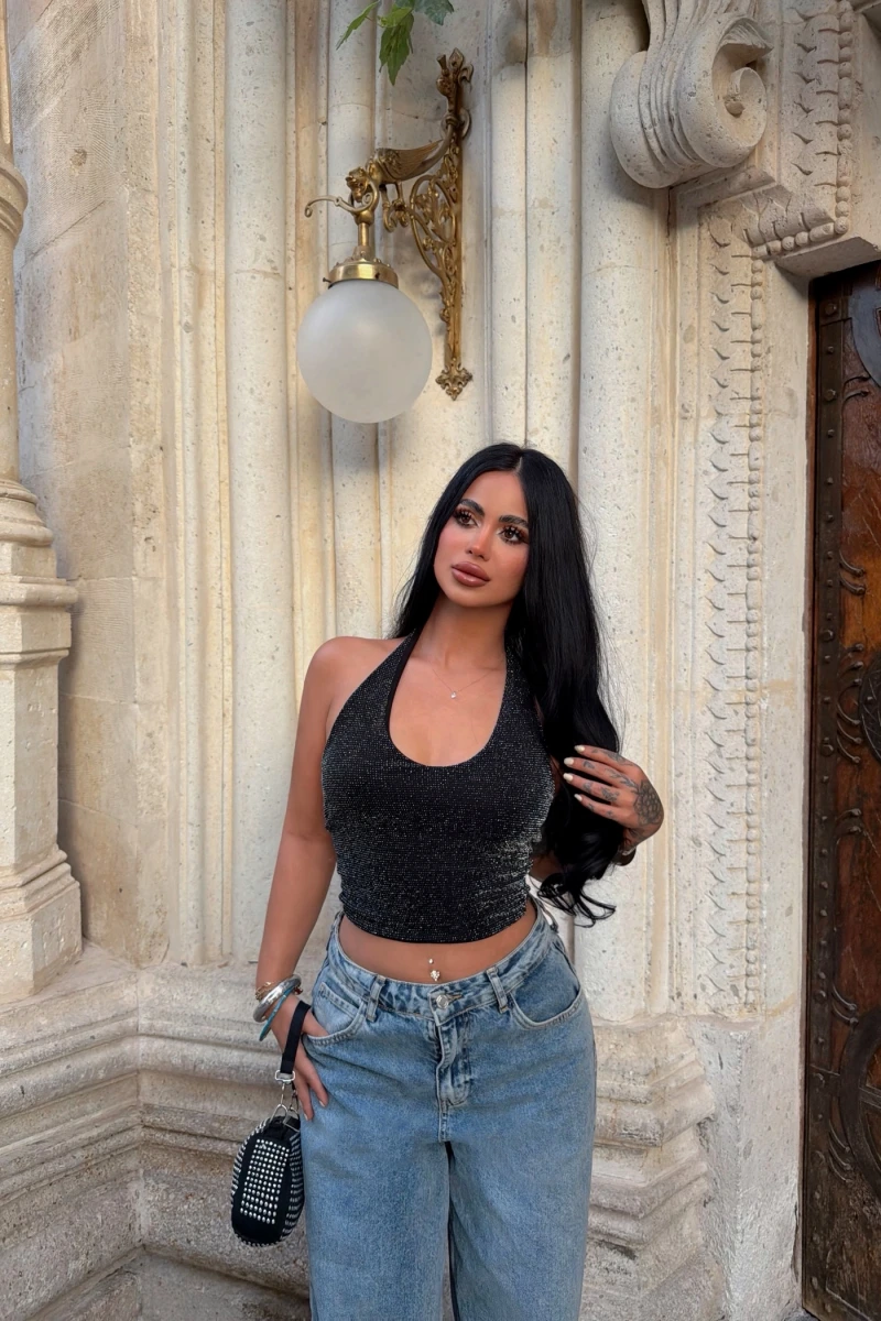 Boyundan Geçmeli Simli Crop