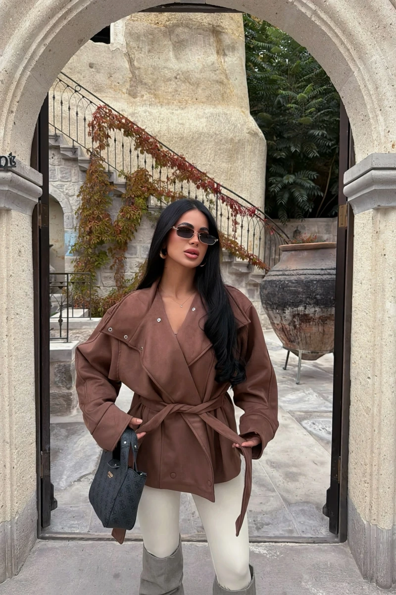Camel Loren Kemerli Süet Ceket