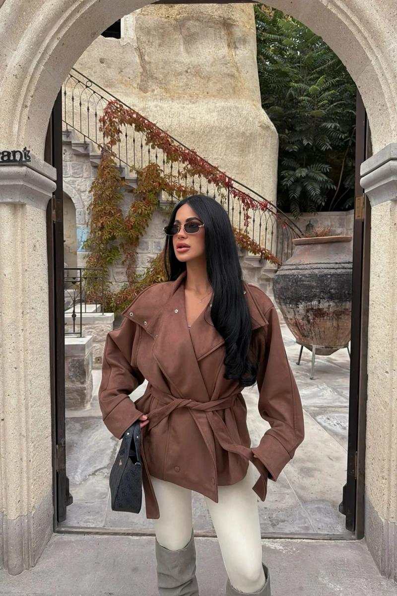 Camel Loren Kemerli Süet Ceket