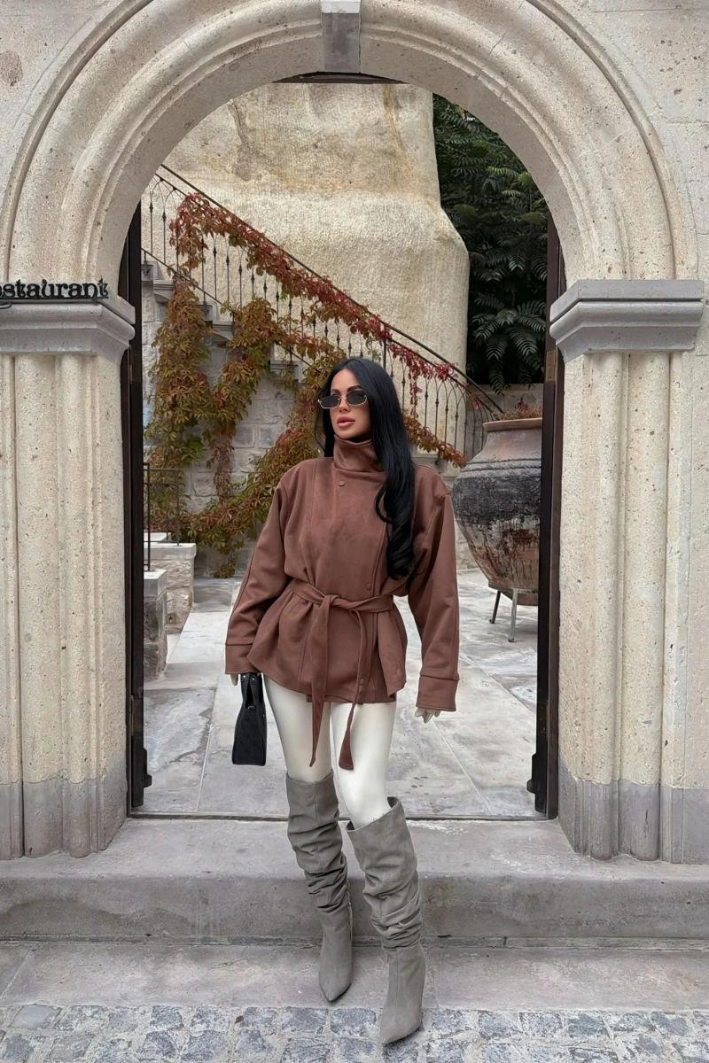 Camel Loren Kemerli Süet Ceket