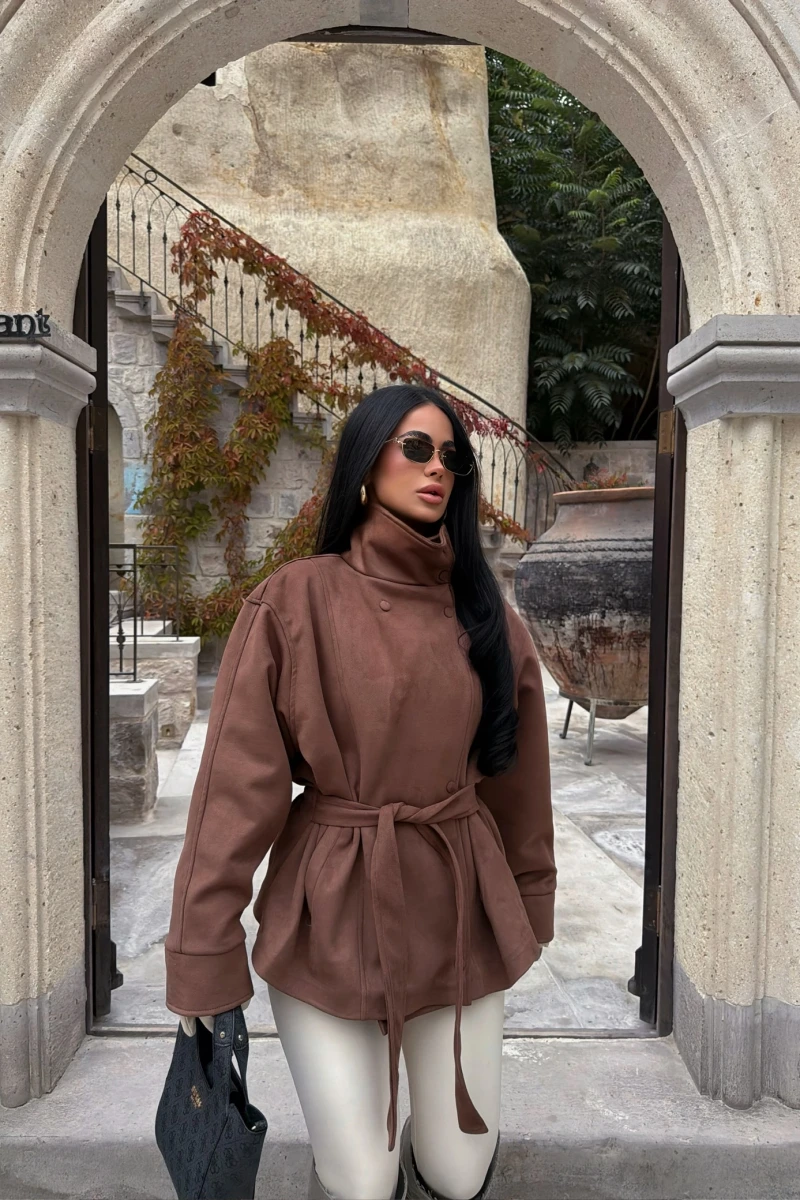 Camel Loren Kemerli Süet Ceket