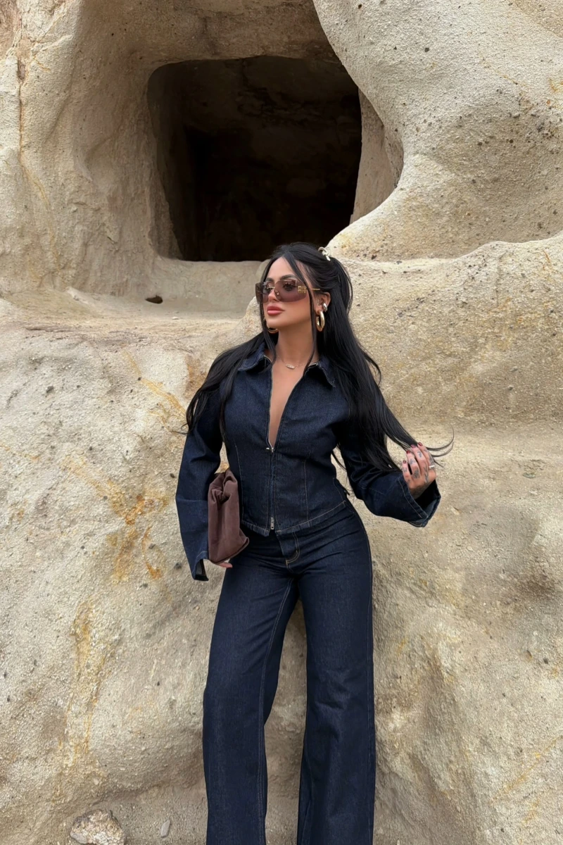 Çift Fermuarlı Denim Takım