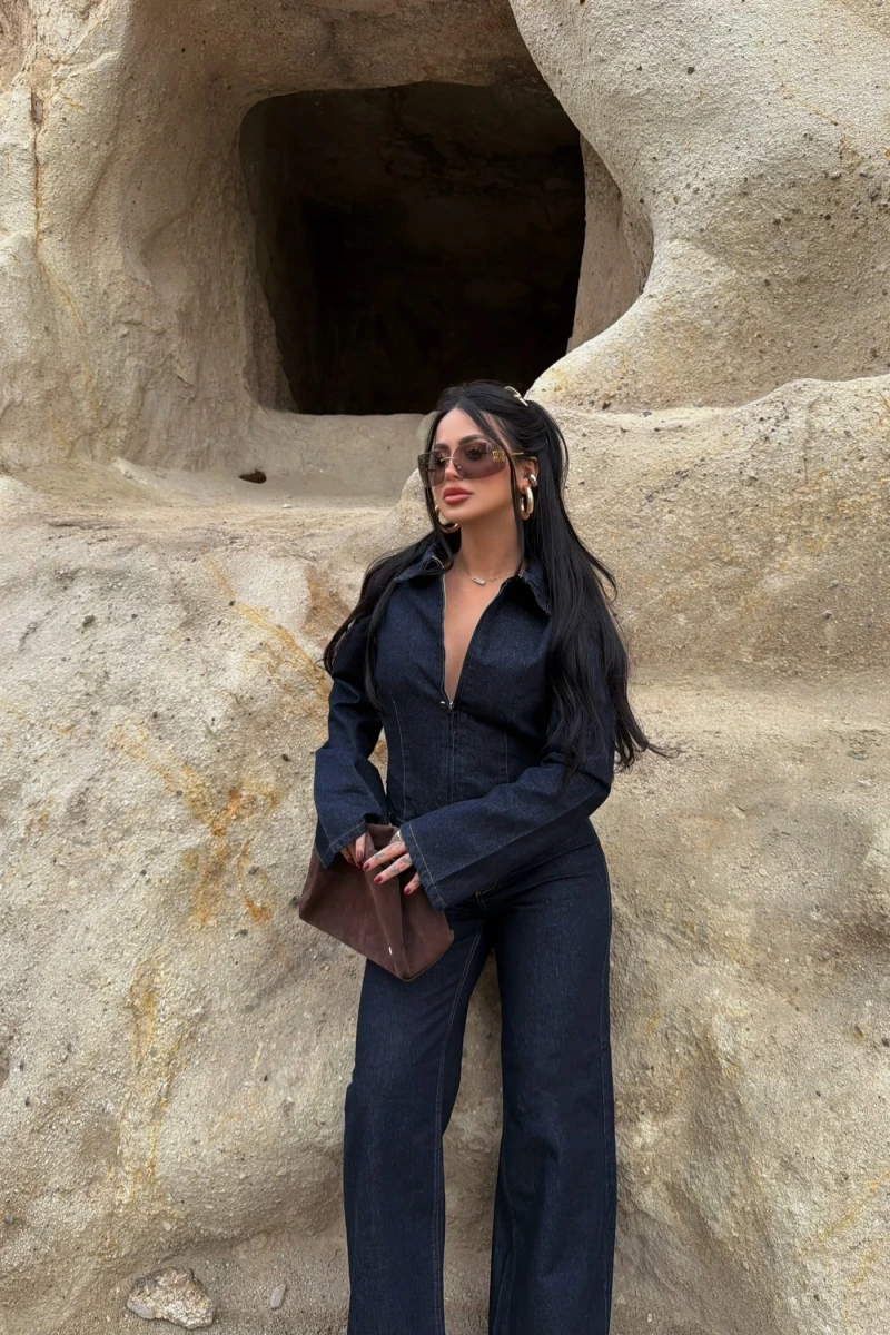 Çift Fermuarlı Denim Takım