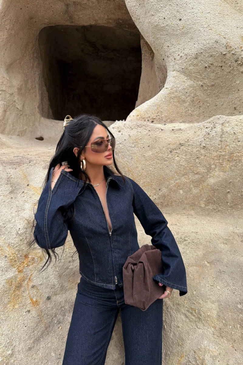 Çift Fermuarlı Denim Takım