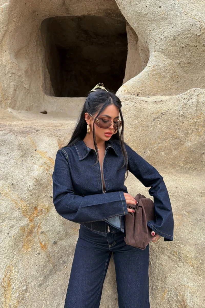 Çift Fermuarlı Denim Takım