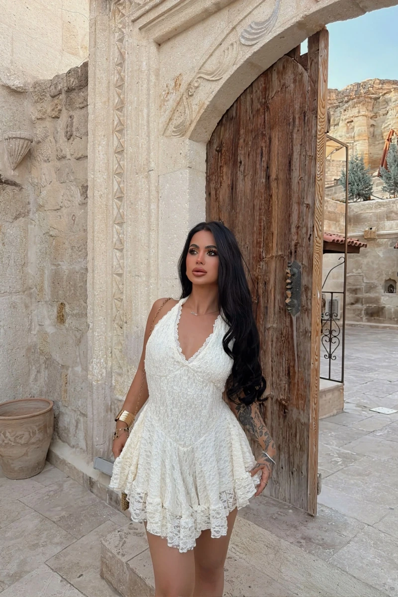 Dantel Volanlı Mini Elbise