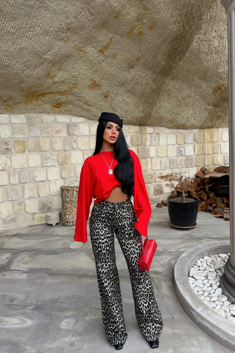 Dökümlü Leopar Palazzo Pantolon