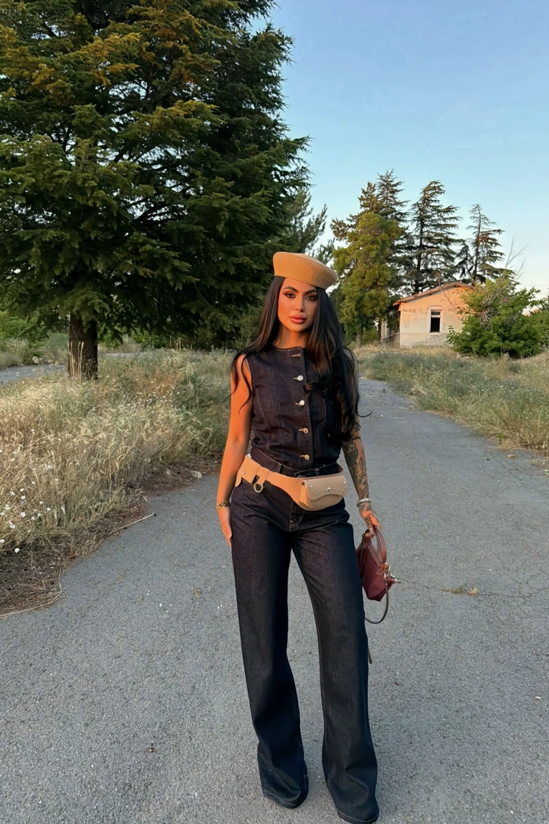Düğmeli Palazzo Denim Takım