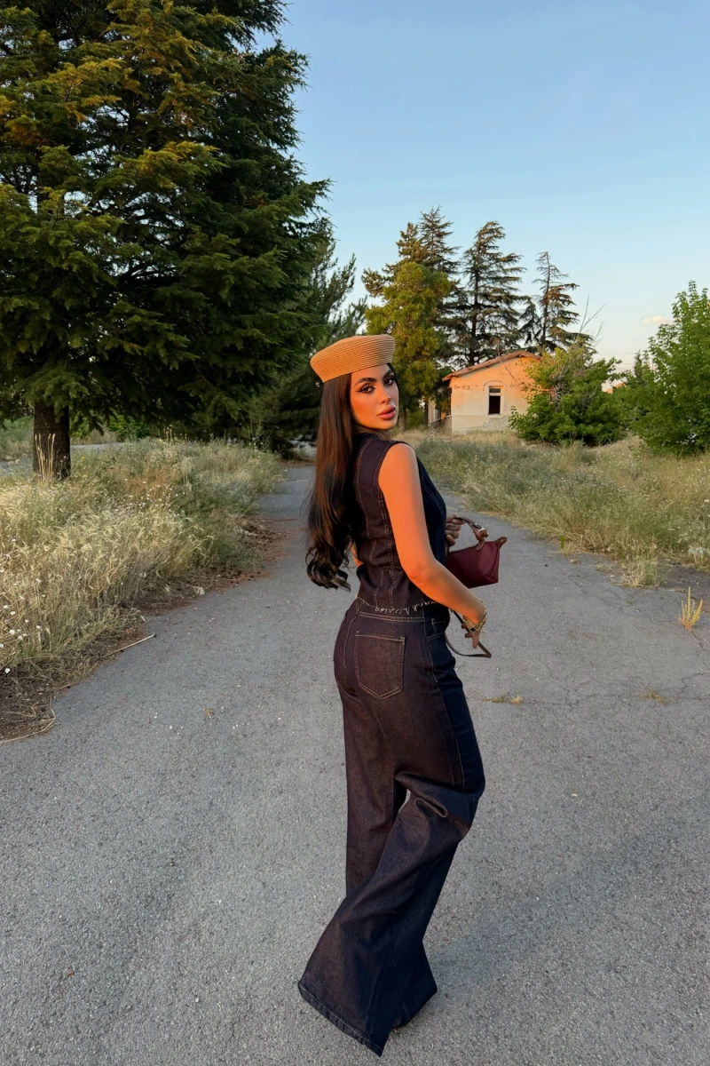 Düğmeli Palazzo Denim Takım