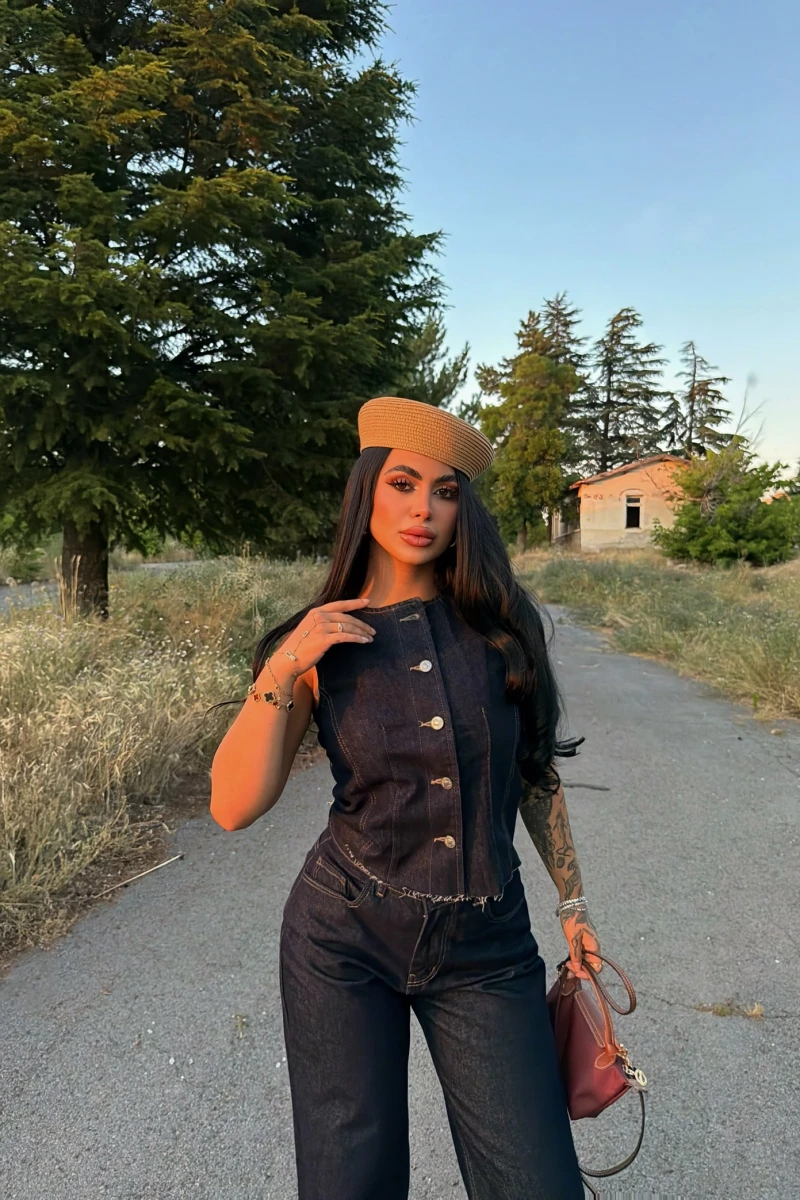 Düğmeli Palazzo Denim Takım