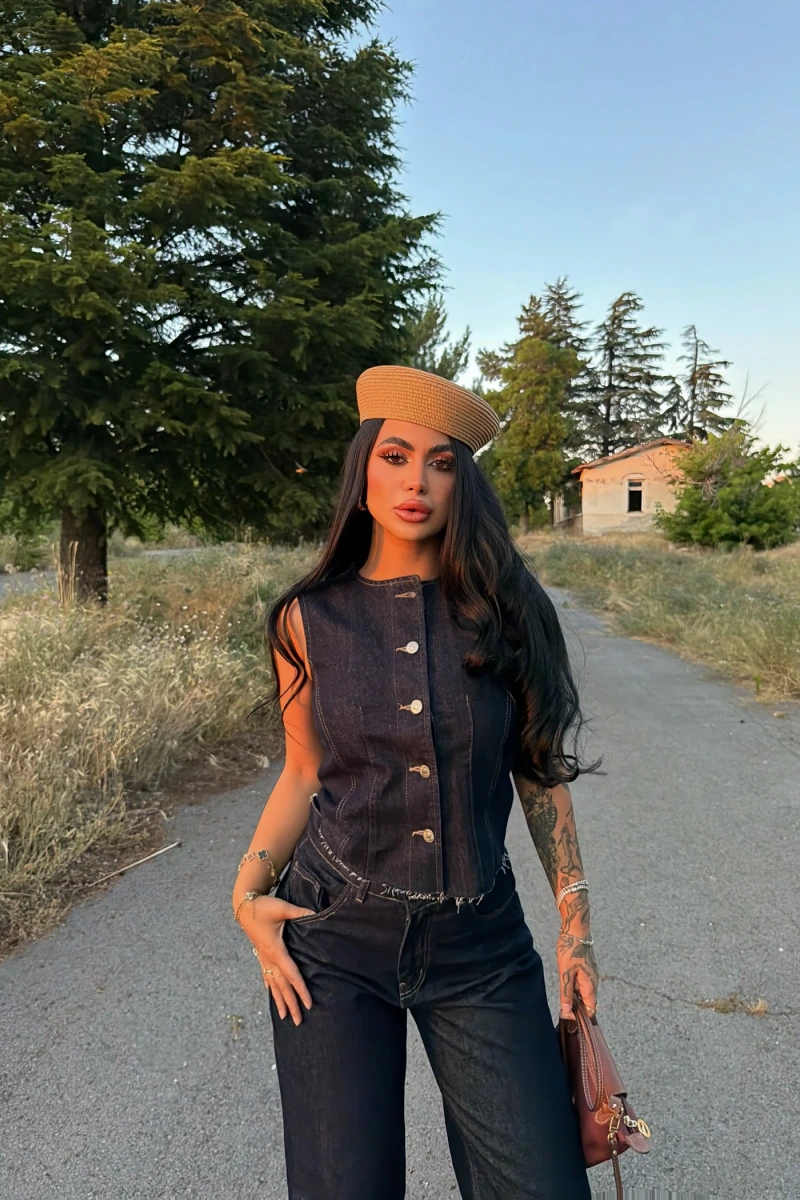 Düğmeli Palazzo Denim Takım