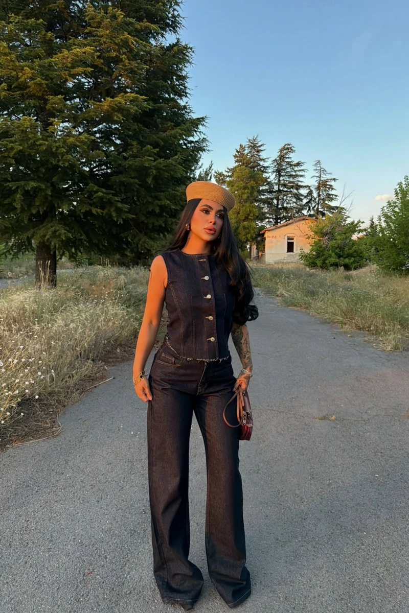 Düğmeli Palazzo Denim Takım