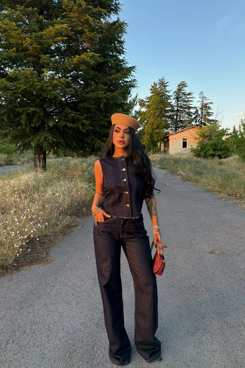 Düğmeli Palazzo Denim Takım