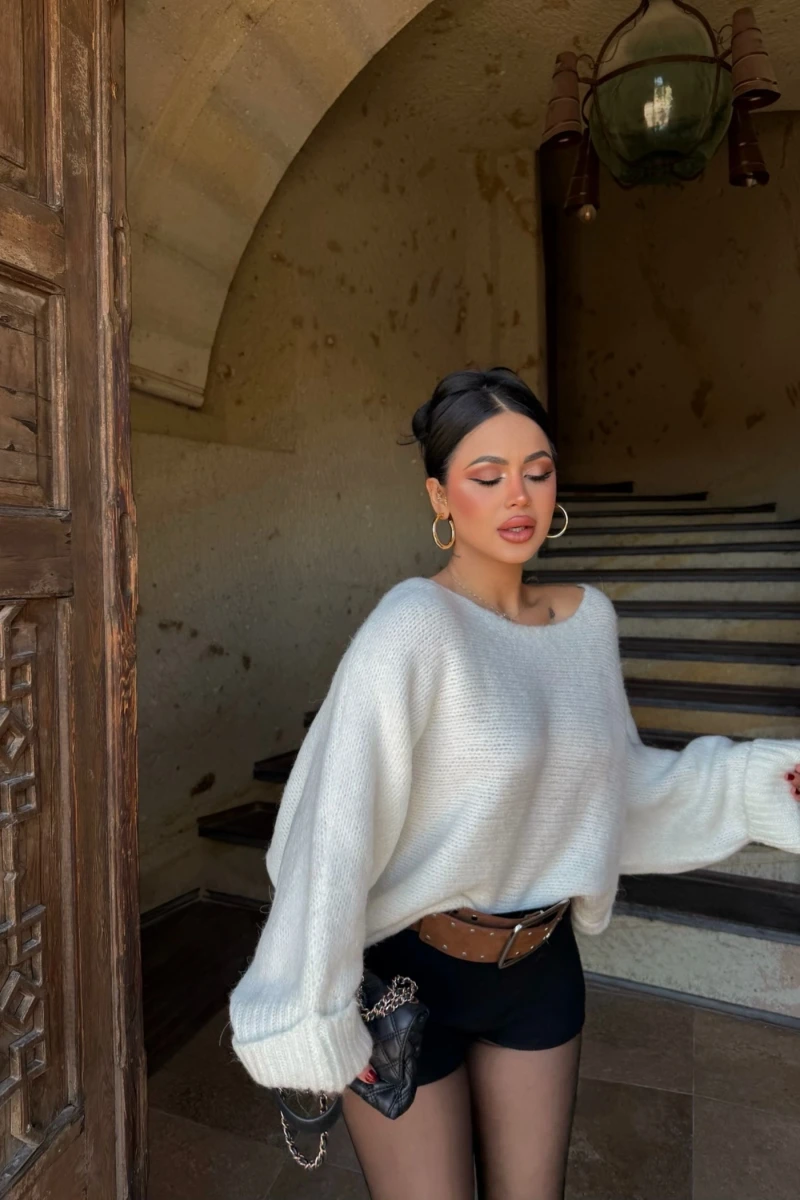 Ekru Batwing Oversize Triko Kazak