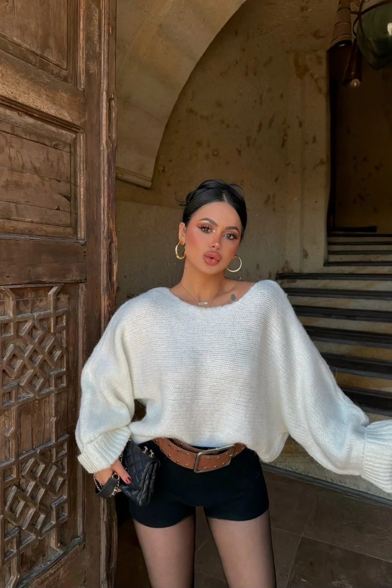 Ekru Batwing Oversize Triko Kazak