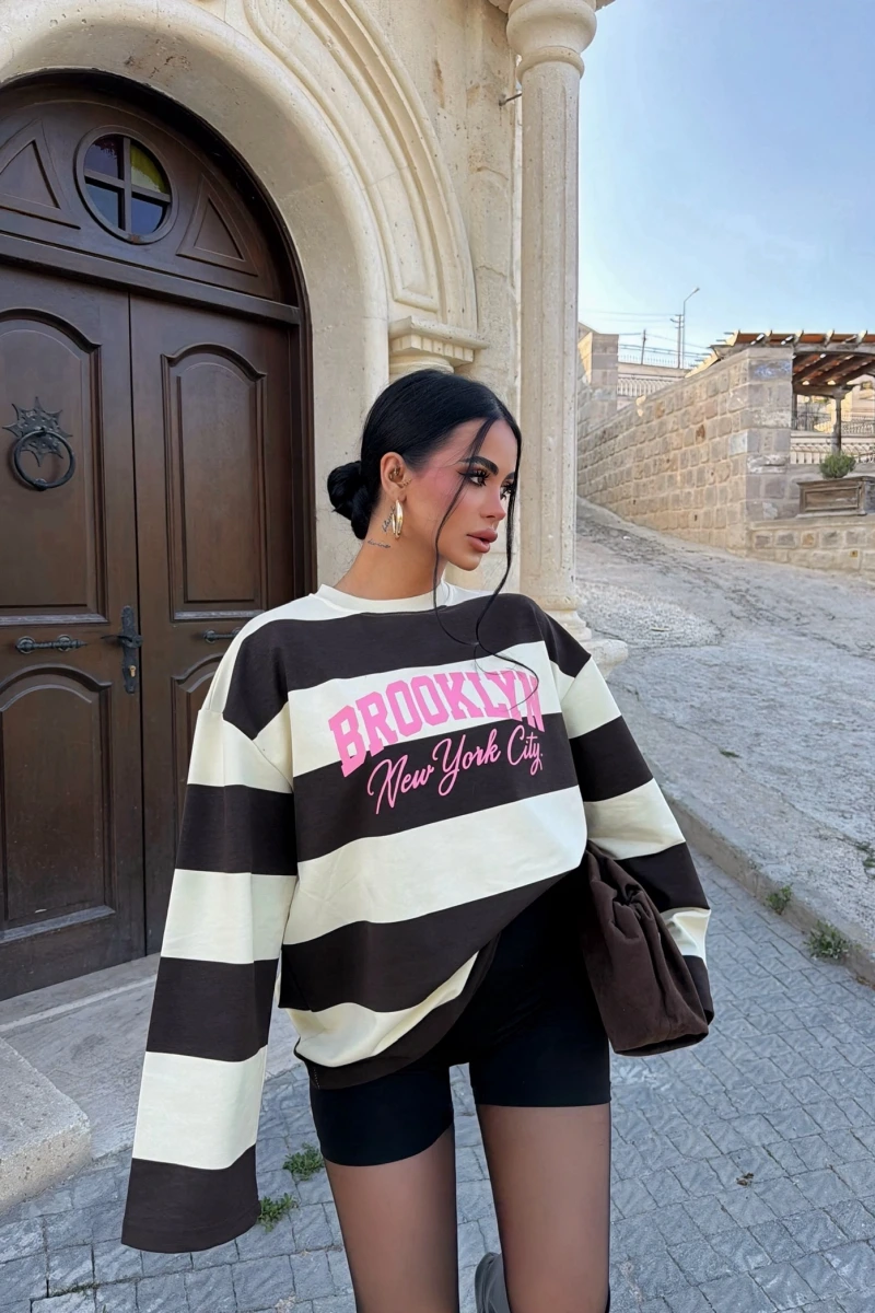 Ekru Brooklyn Çizgili Sweat