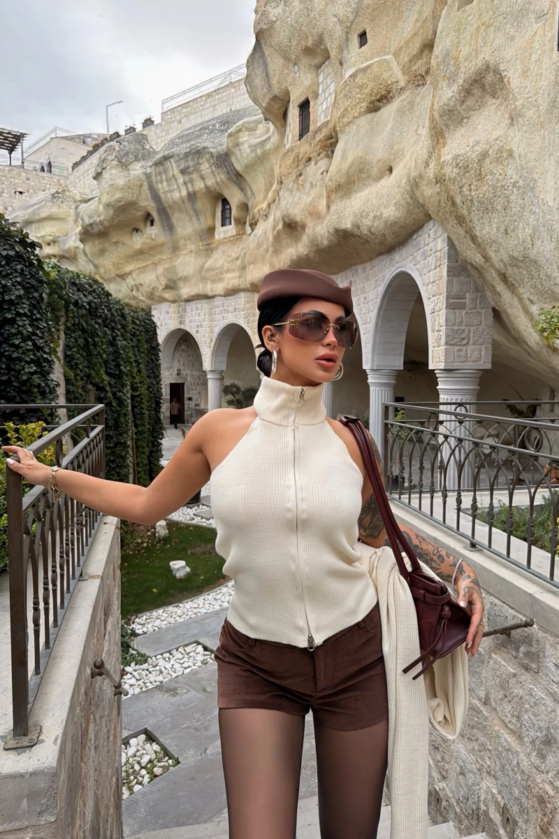 Ekru Fermuarlı Bolerolu İkili Takım