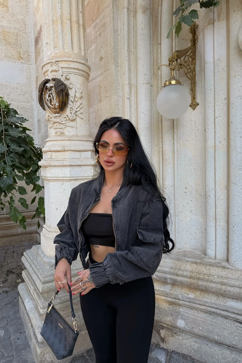 Fermuarlı Denim Bomber Ceket