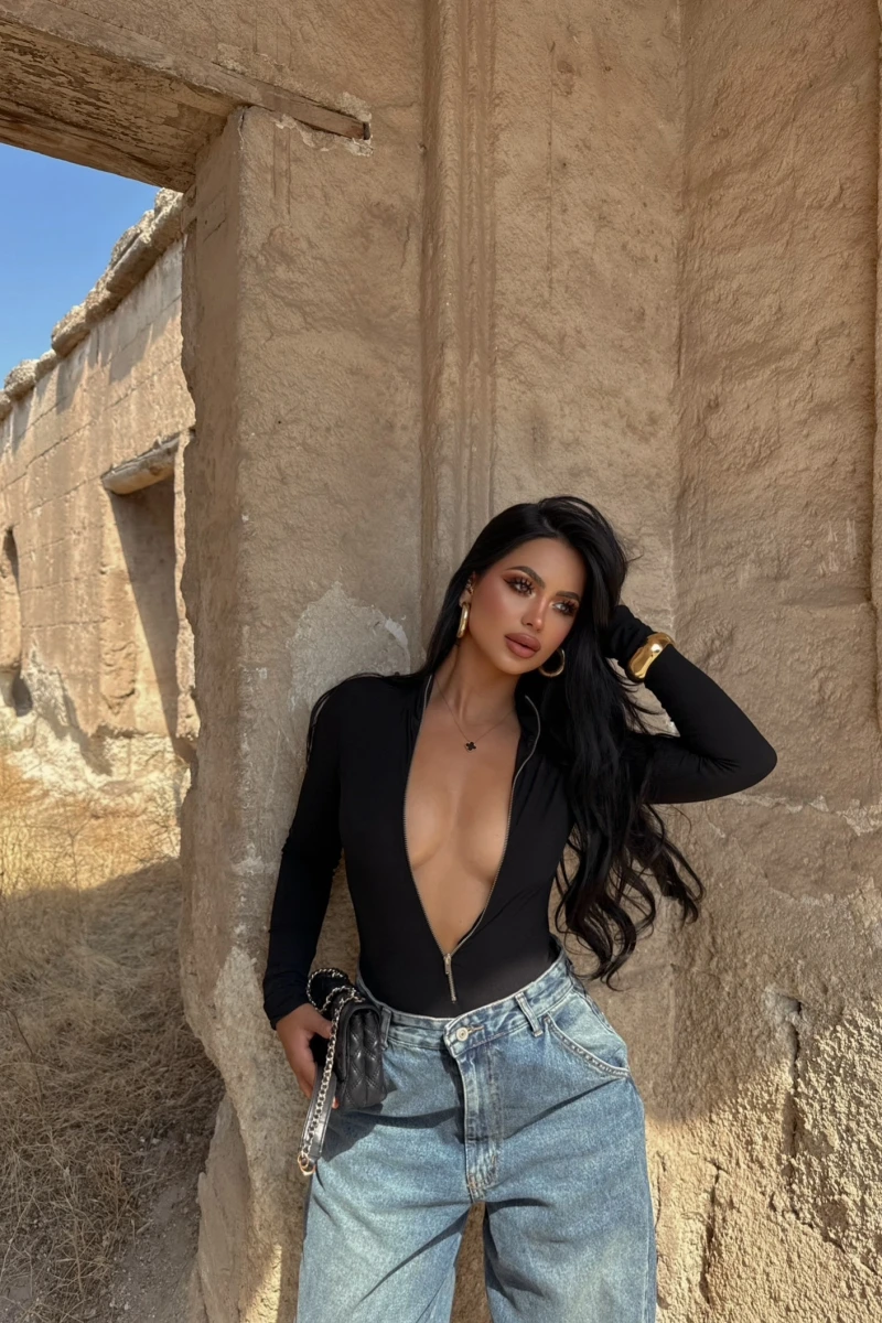 Fermuarlı Dik Yaka Bodysuit