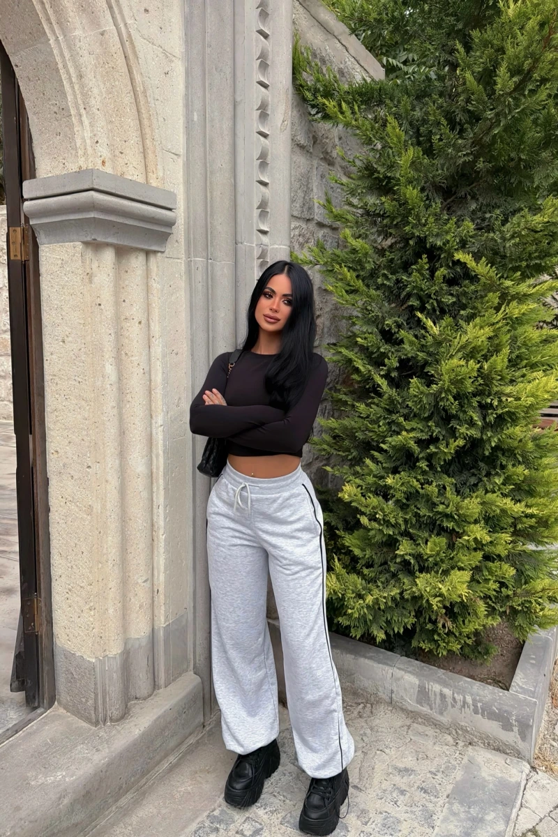 Gri Ara Biyeli Paça Lastik Eşofman