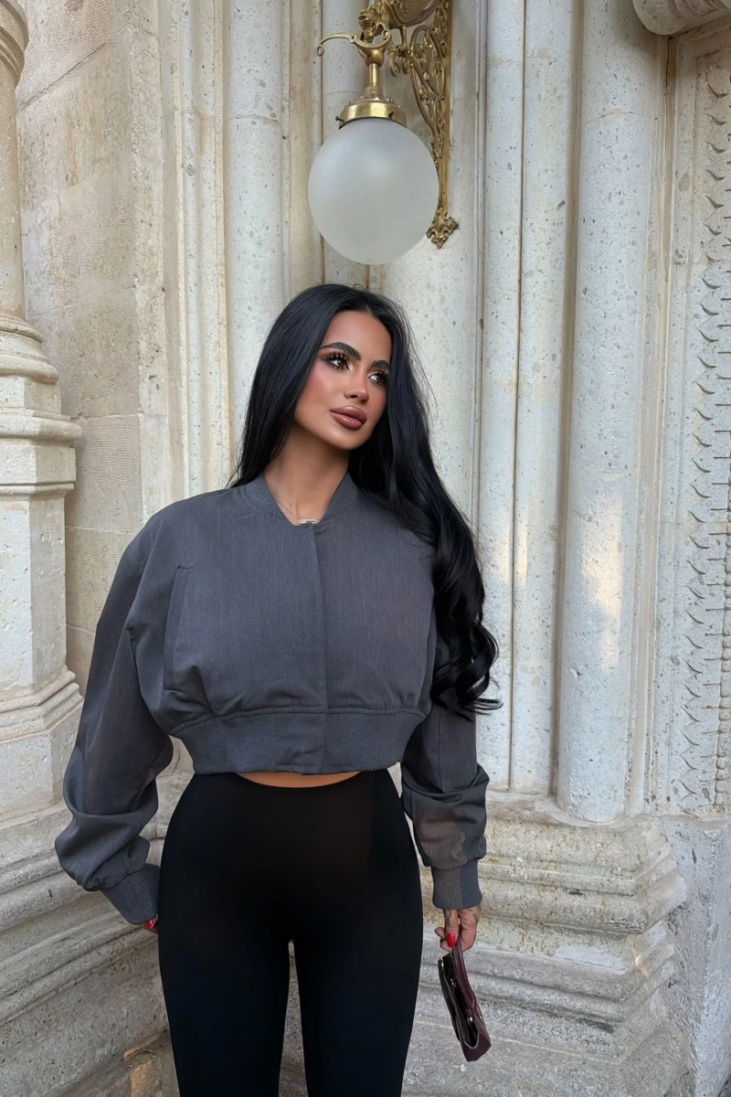 Gri Dokuma Kısa Bomber Ceket